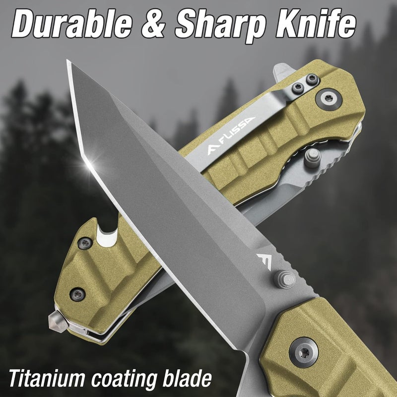 FLISSA Folding Pocket Knife, Knife with Liner Lock, Tanto Blade, Pocket Clip, Glass Breaker, Seatbelt Cutter, Perfect for Outdoor Camping(Coyote Brown) - Image 3